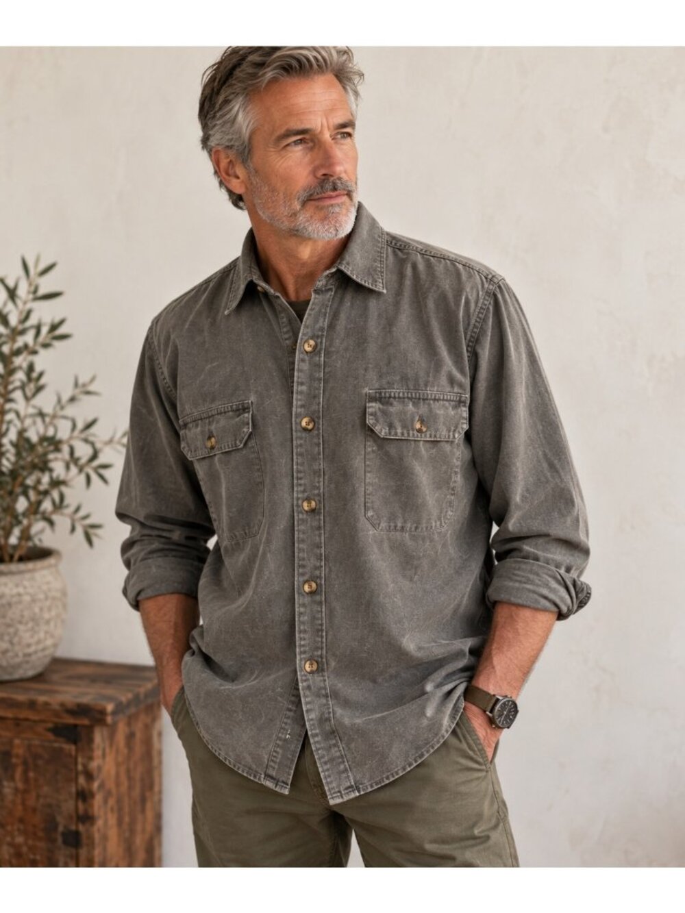 Vintage Patagonia Men’s L Gray Faded Cotton Work Shirt Long Sleeve Made Macau